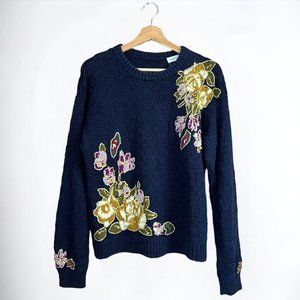 Vintage 80s 90s Navy Hand Knit Sweater w/ Floral Detail & Gold Stitching M/L